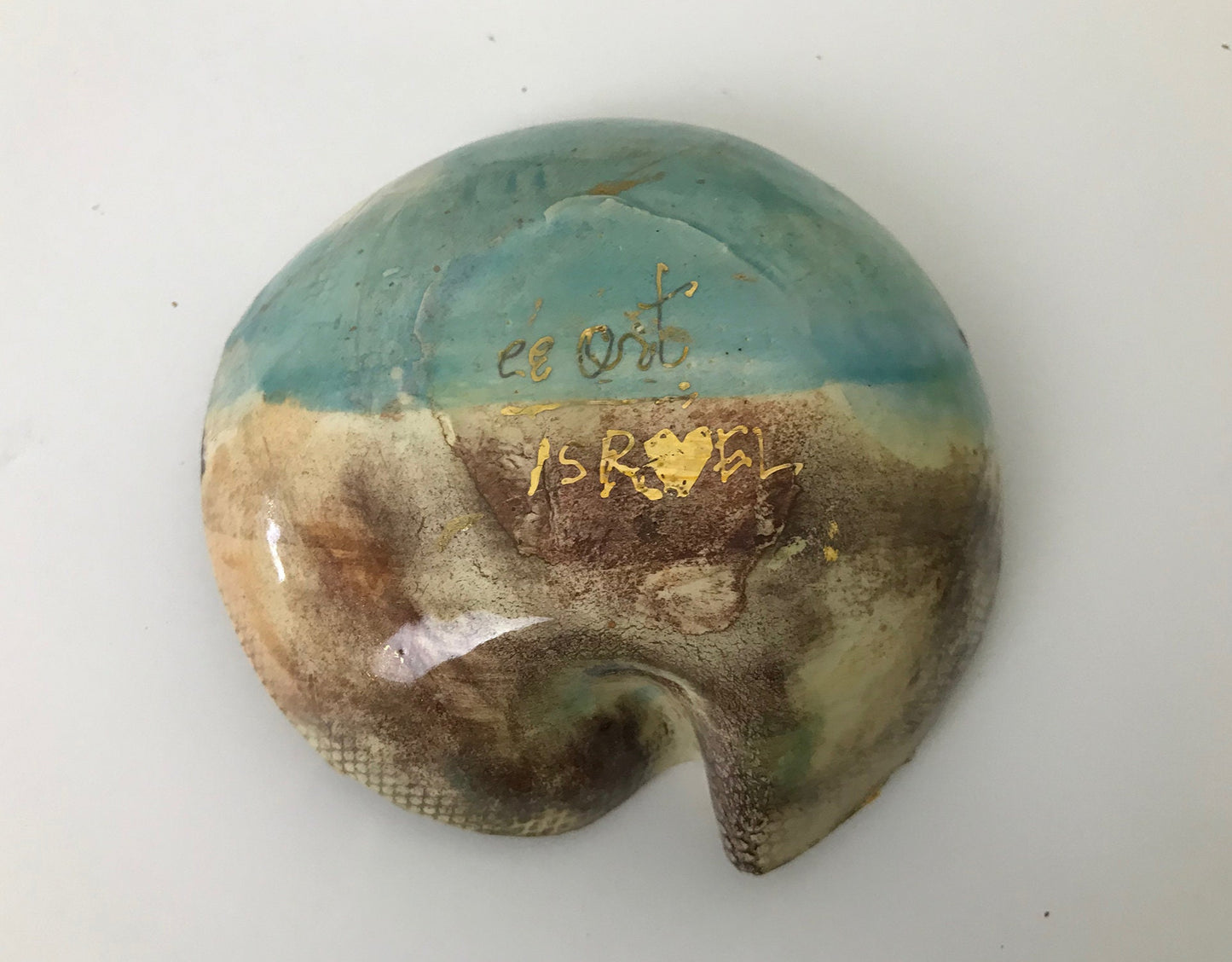 Seder Plate Set with Handpainted Landscape in Desert Hues, Made of Marbled Clay from the Land of Israel, 22k Gold Accents