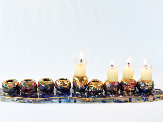 Midnight Blue Menorah with Sparkly Mother of Pearl and Gold