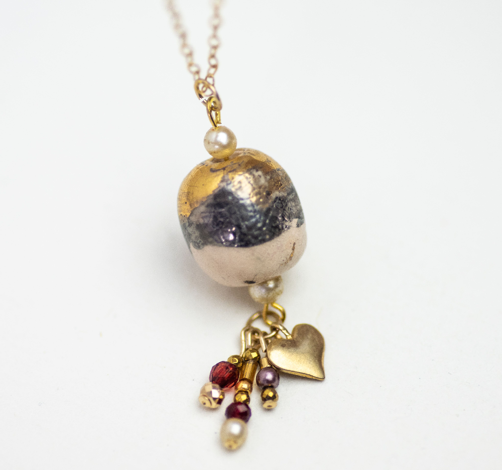 Ball Pendant with Ruby Crystal and Gold Heart Charm