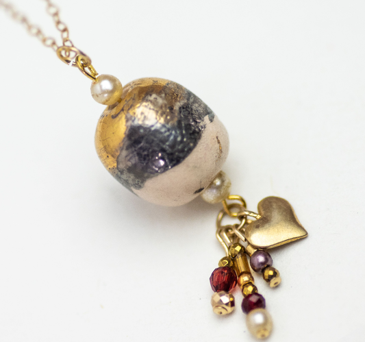 Ball Pendant with Ruby Crystal and Gold Heart Charm