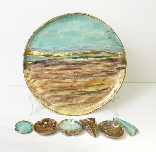 Seder Plate Set with Handpainted Landscape in Desert Hues, Made of Marbled Clay from the Land of Israel, 22k  Gold Accents