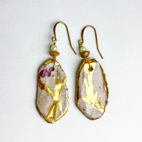 Desert Earrings with 22k gold luster accents, gold-filled findings and pearl beads
