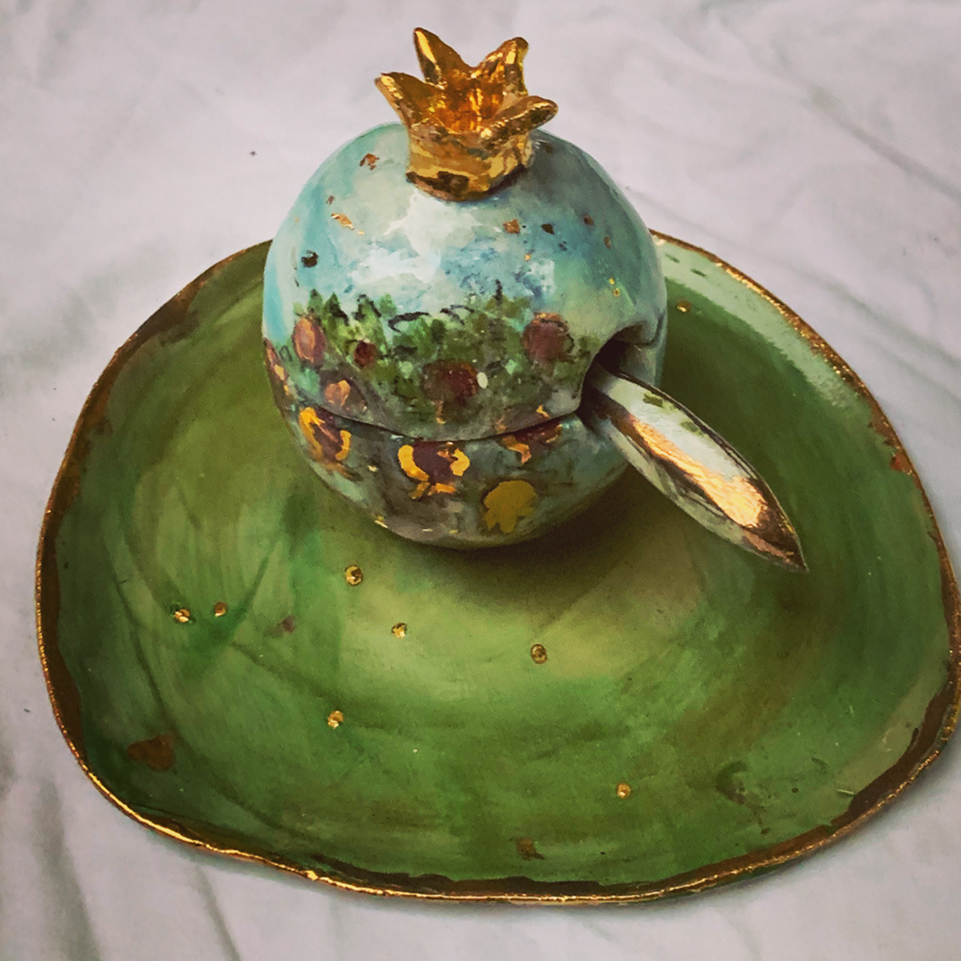Pomegranate Landscape Honey Jar with Dipper and Tray